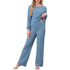 Ribbed Knit 2 Piece Long Sleeve Top and Pants Pajamas Sets Royal Blue